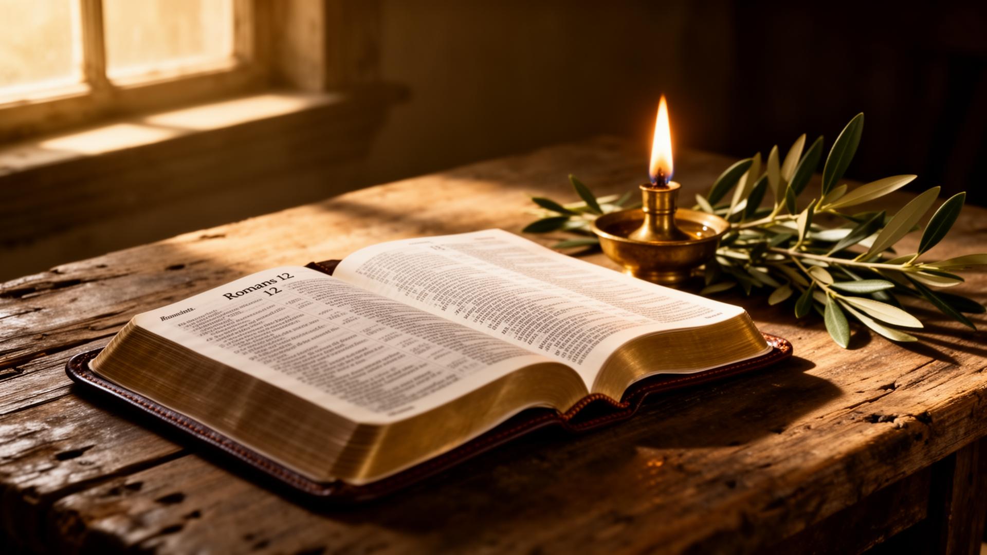 An open Bible with an oil lamp and olive branches